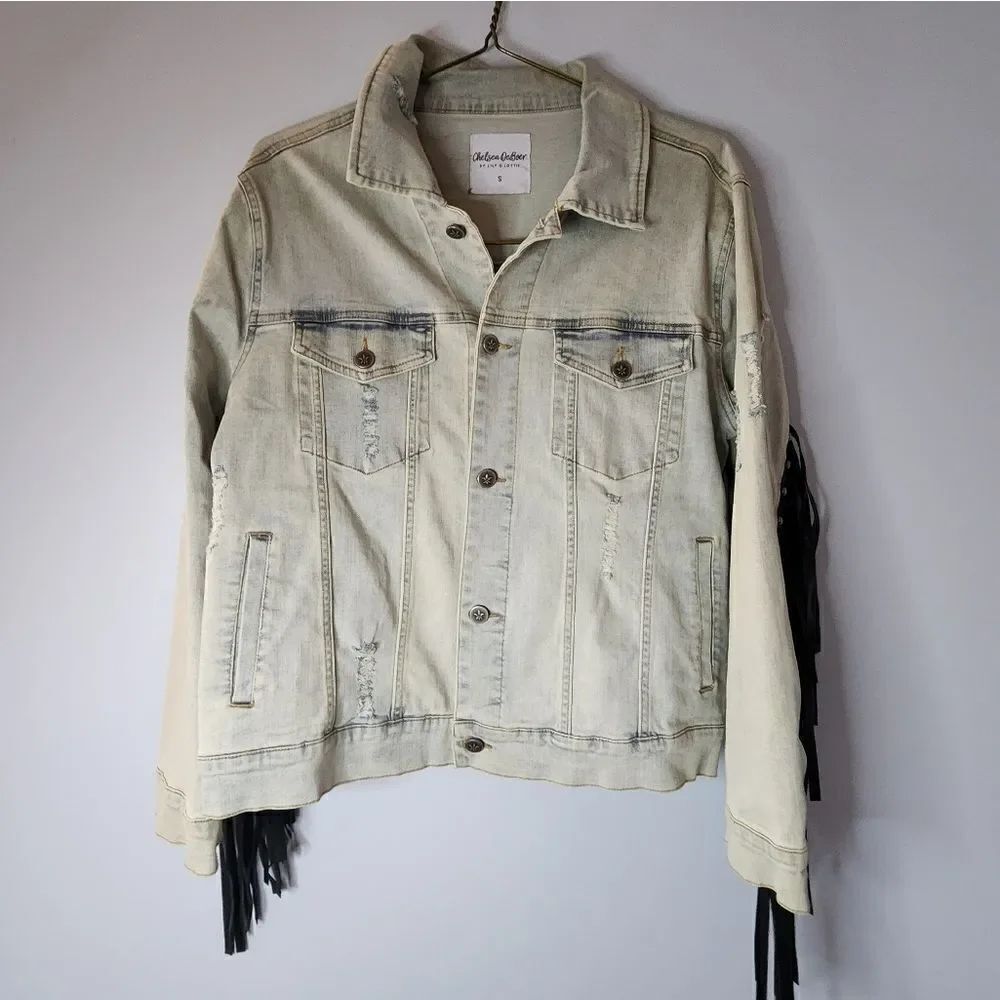 CHELSEA DEBOER by Lily Lottie Denim Jacket Women's S Distressed Studded Tassels